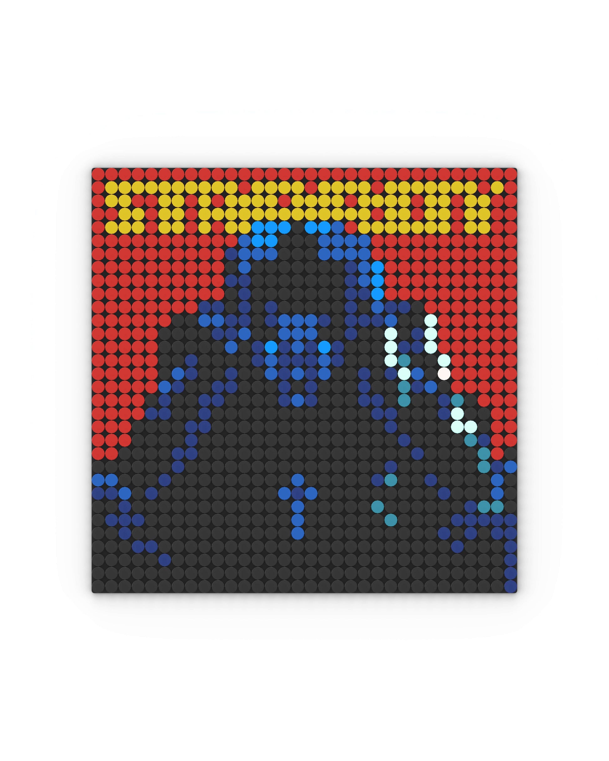 Mosaico cuadrado realizado con piezas circulares estilo LEGO que representa la portada del álbum Starboy de The Weeknd. En el centro, se ve la silueta del artista en tonos oscuros con detalles azules eléctricos, sobre un fondo rojo vibrante. En la parte superior, la palabra “STARBOY” aparece en letras amarillas pixeladas. La composición captura la estética intensa y futurista del álbum original.