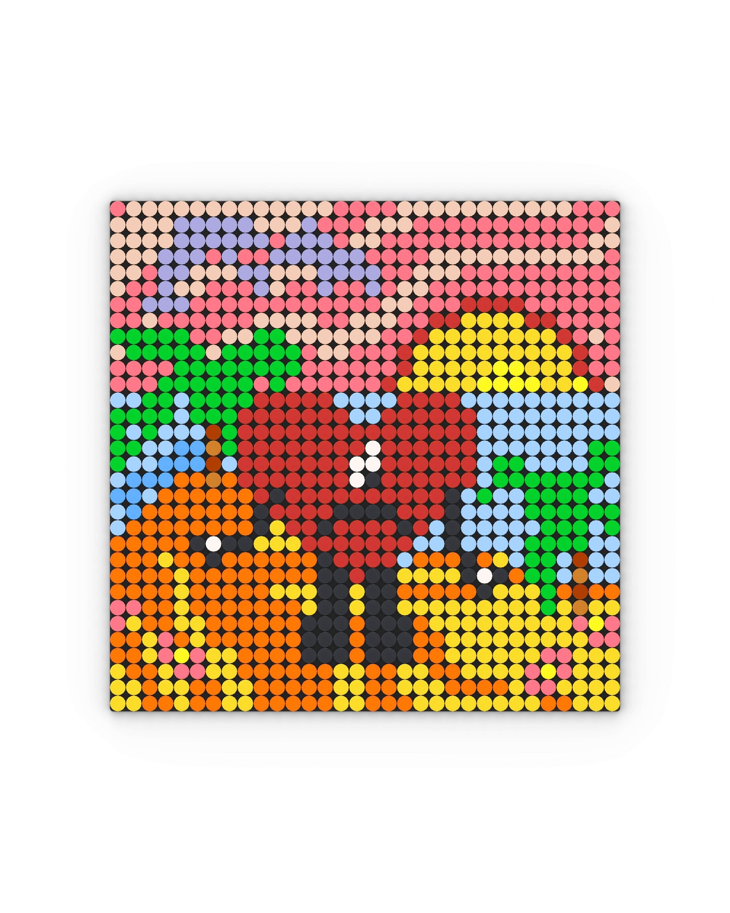 Mosaico cuadrado compuesto por piezas circulares estilo LEGO: un corazón rojo de aspecto triste sobre un fondo de playa con arena amarilla y naranja, palmeras verdes y un cielo degradado en tonos rosa y lila, con un sol amarillo parcialmente oculto en el horizonte. La imagen está inspirada en la portada del álbum Un Verano Sin Ti de Bad Bunny, reinterpretada con una estética pixelada y vibrante.